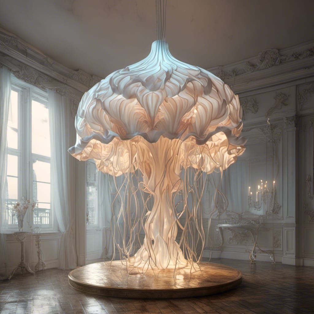 <lora:MJ6 Surrealism v2:1.0> A lampshade that undulates like a jellyfish, casting ethereal light throughout the room, digital surrealism, ci...