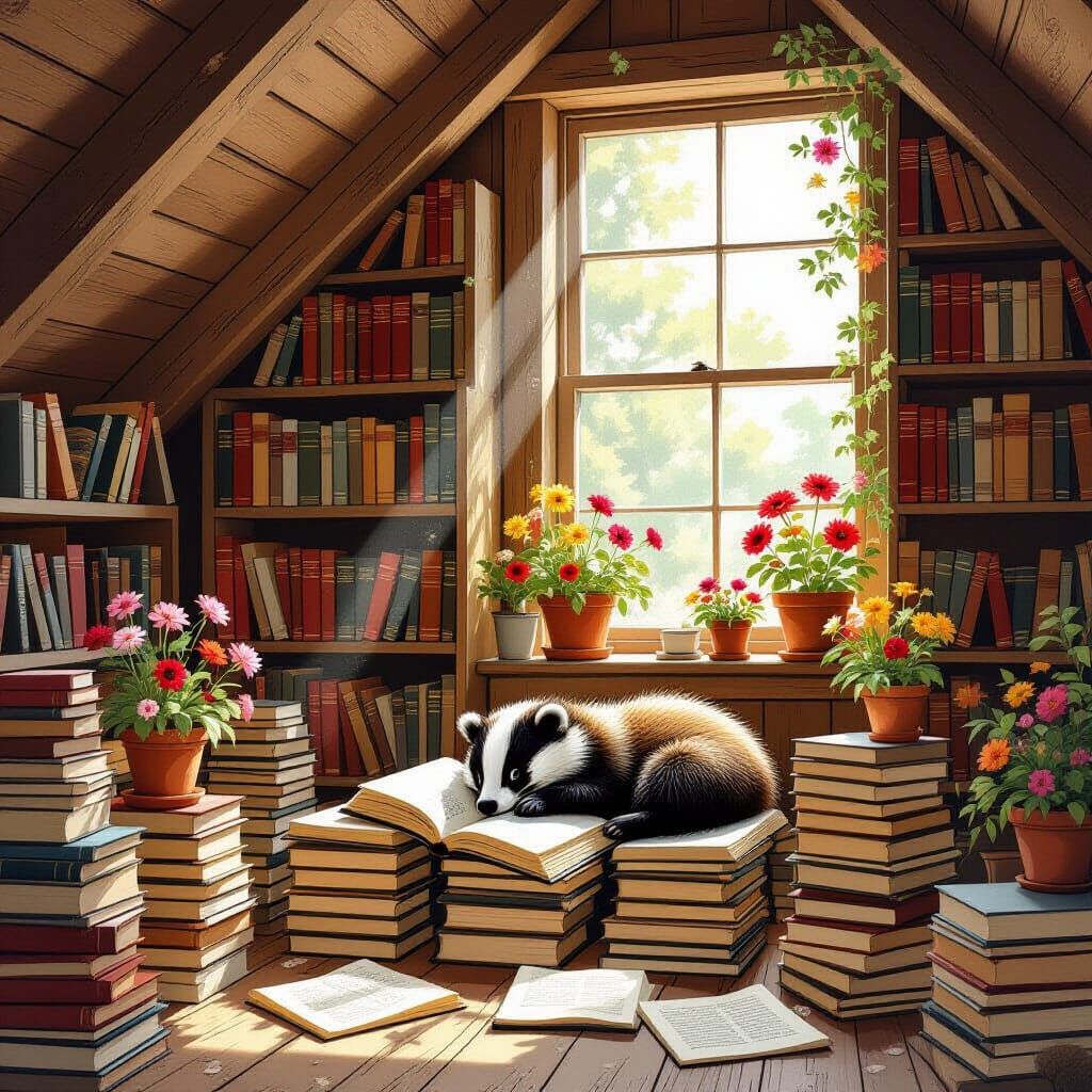A cozy, sun-drenched attic room filled with overflowing bookshelves and stacks of well-loved books. Sunlight streams through a dusty window,...