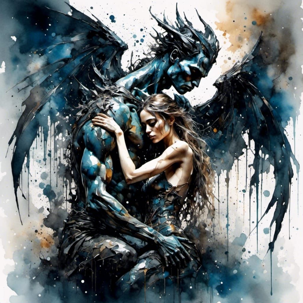 <lora:Ladybird:1.0> <lora:DWCDark:1.0> a gargoyle, come to life, holds a human woman in his arms, his wings around them both, fantasy art, r...