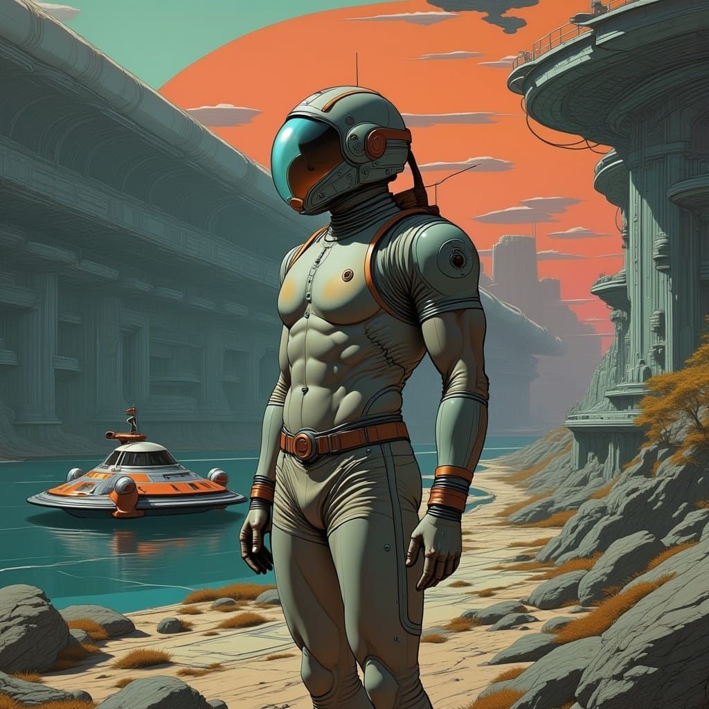 Retrofuturism, A futuristic man, wearing some kind of visor, standing next to a small star craft, <lora:Nostalgic IosC64 II:1.0> key visuals...