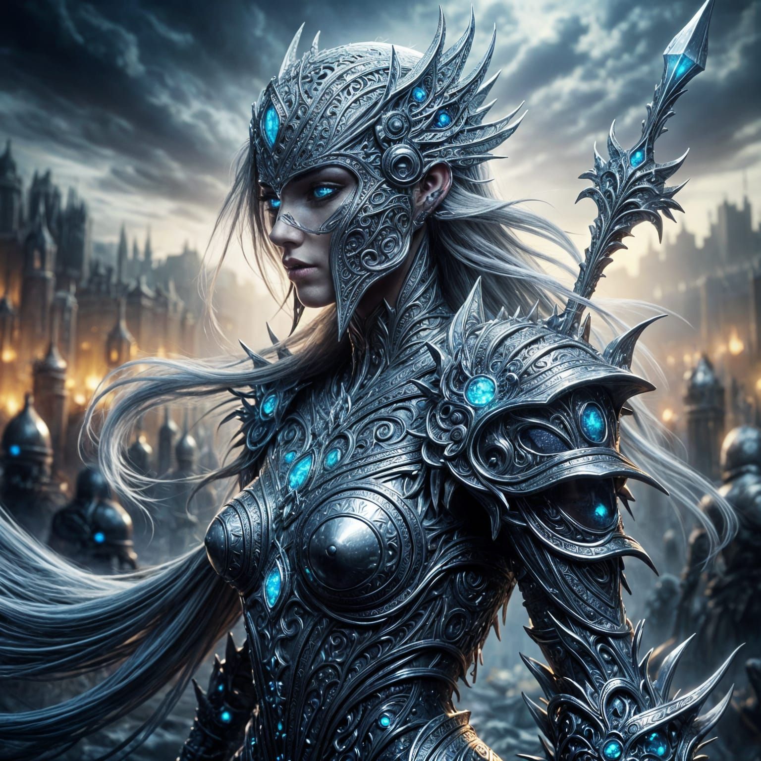 Regal Silver Filigree Warrior in Celestial Armor