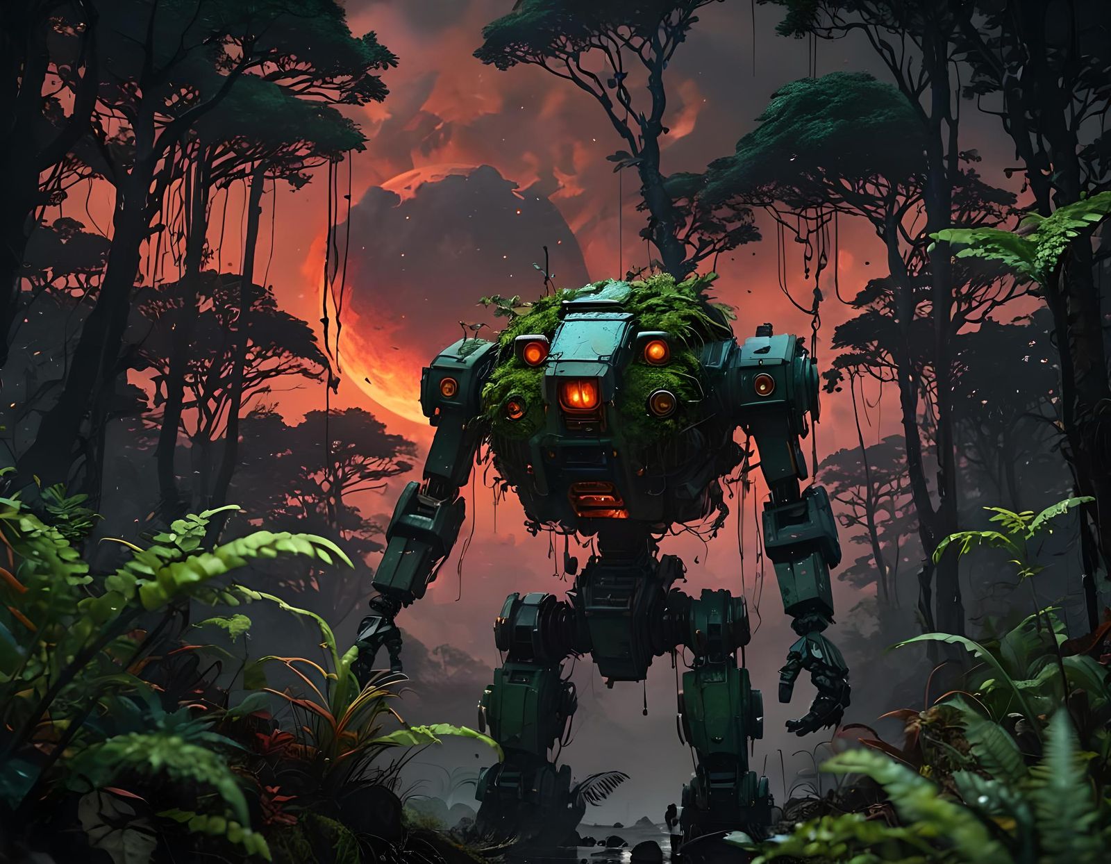 Overgrown moss and plant covered  Body of a Mecha covered in rainforest landscape trending on art station ...  by @Dawnn