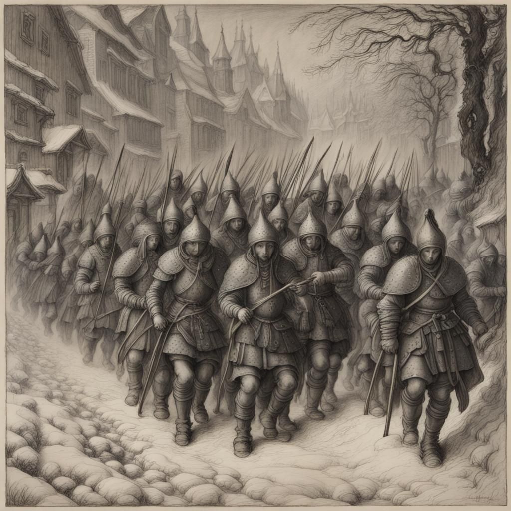 a troop of shadowy figures marching through a blizzard,