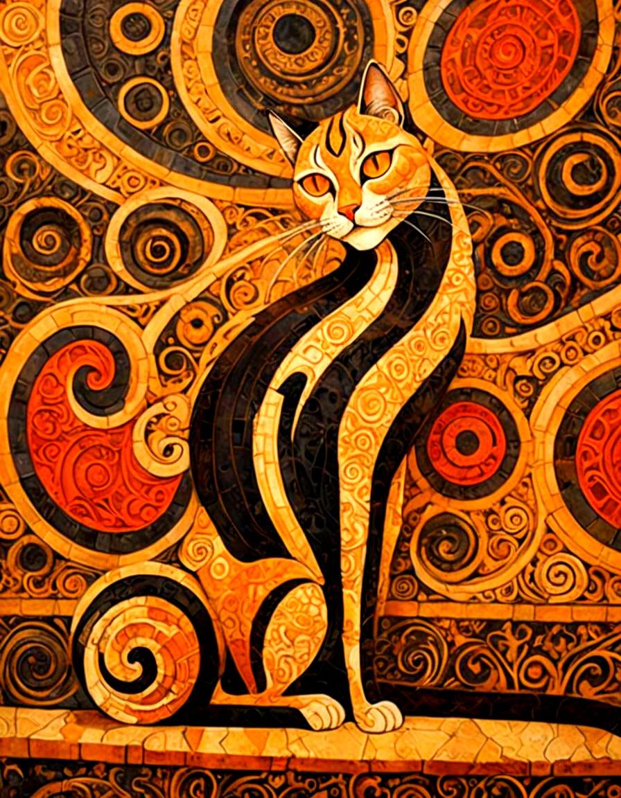 Leonardo's cat, majestic feline form lazing in a sunlit ambiance, with bold decisive lines and facets echoing the Renaissance mastery, blend...