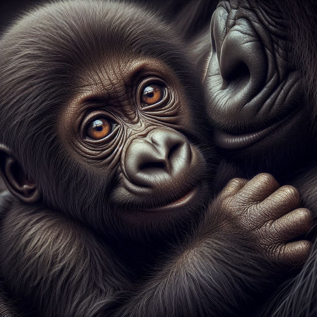 mom and baby gorilla. A moment of tenderness.