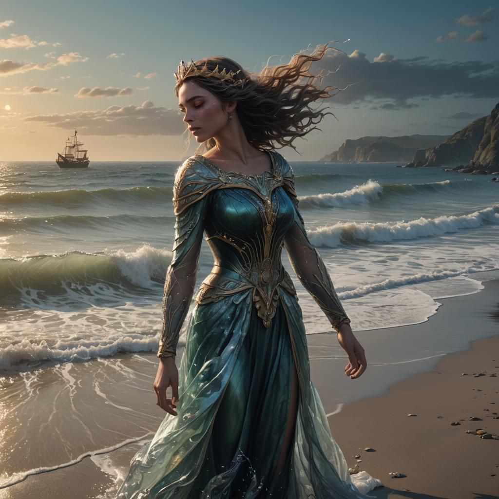 A girl stands on the seashore waiting for the sea queen.  The sea queen emerges from the sea holding a sleeping man in her arms.  The sea qu...