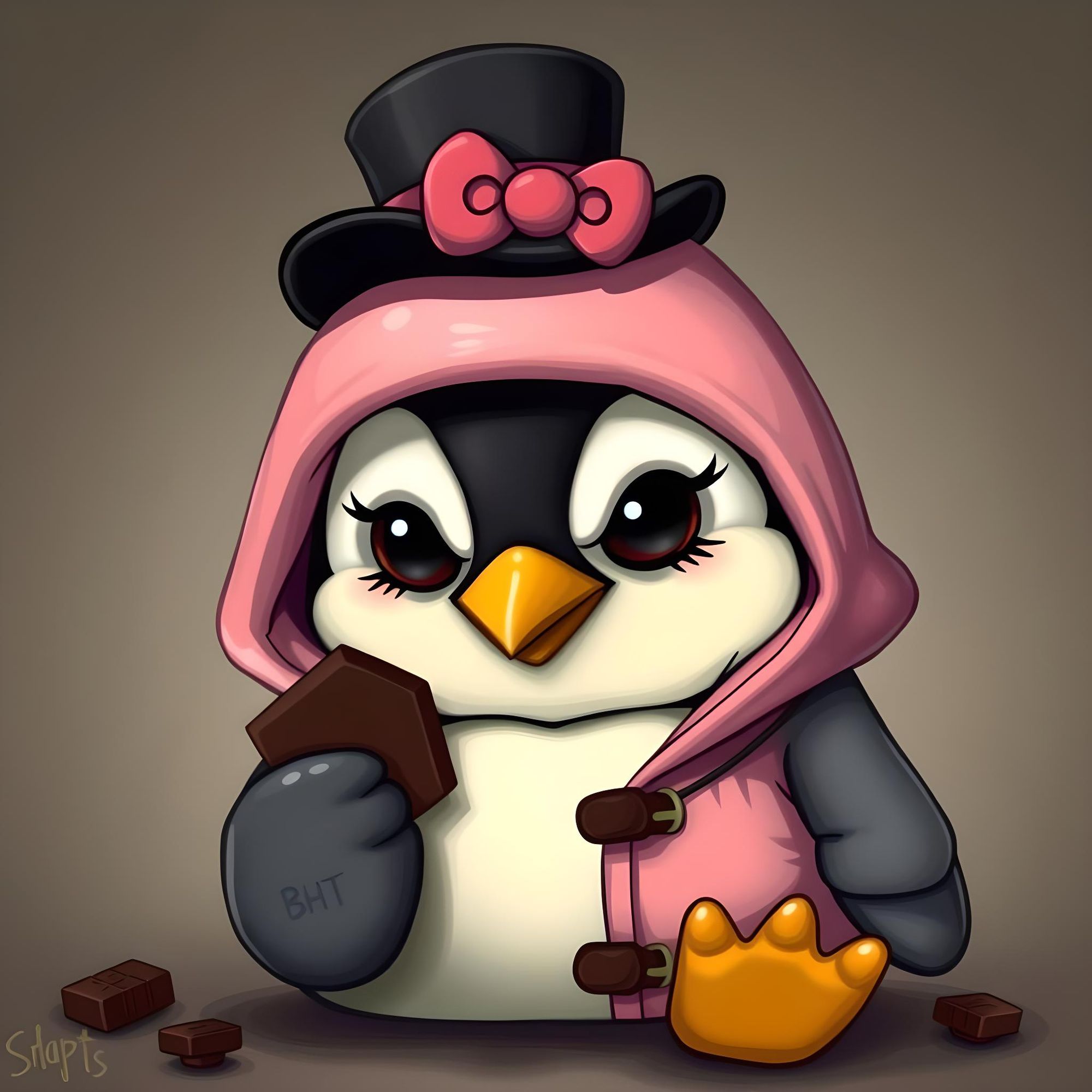 Adorable female penguin eating chocolate with a sinister look and a BHT tattoo