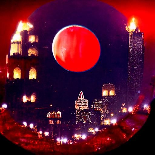 Vintage blood moon shining over a city