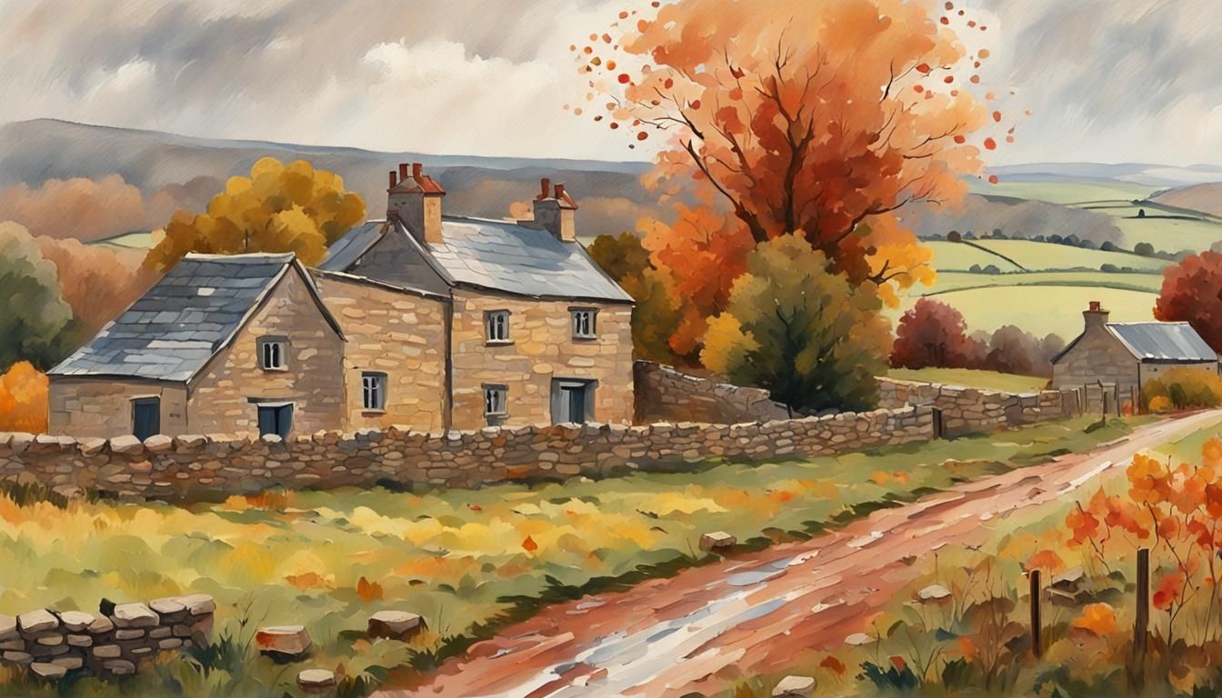 Autumn, a rainy Yorkshire landscape of a small farm with stone buildings and field walls