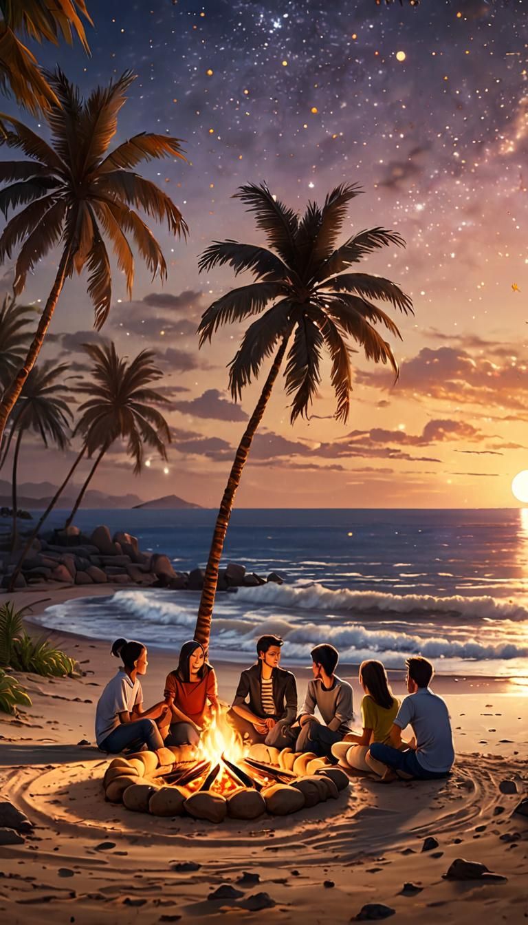 Realistic 2.5D anime wallpaper. Medium shot. A family sits around a bonfire on a sandy beach overlooking the Red Sea, enjoying each other's...