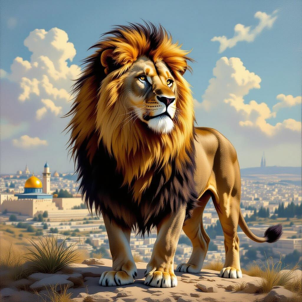 Lion with Tefillin Mane Overlooking Jerusalem