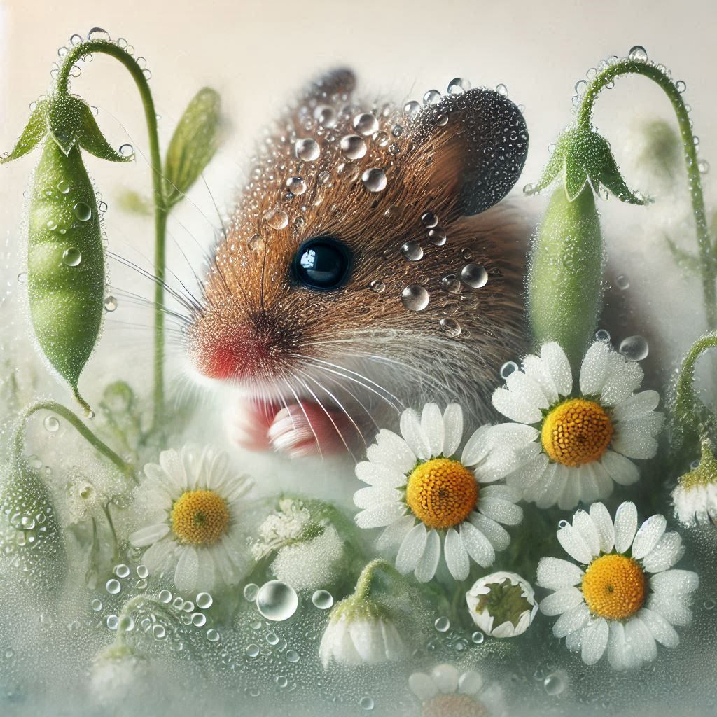 A mouse in a chamomile field