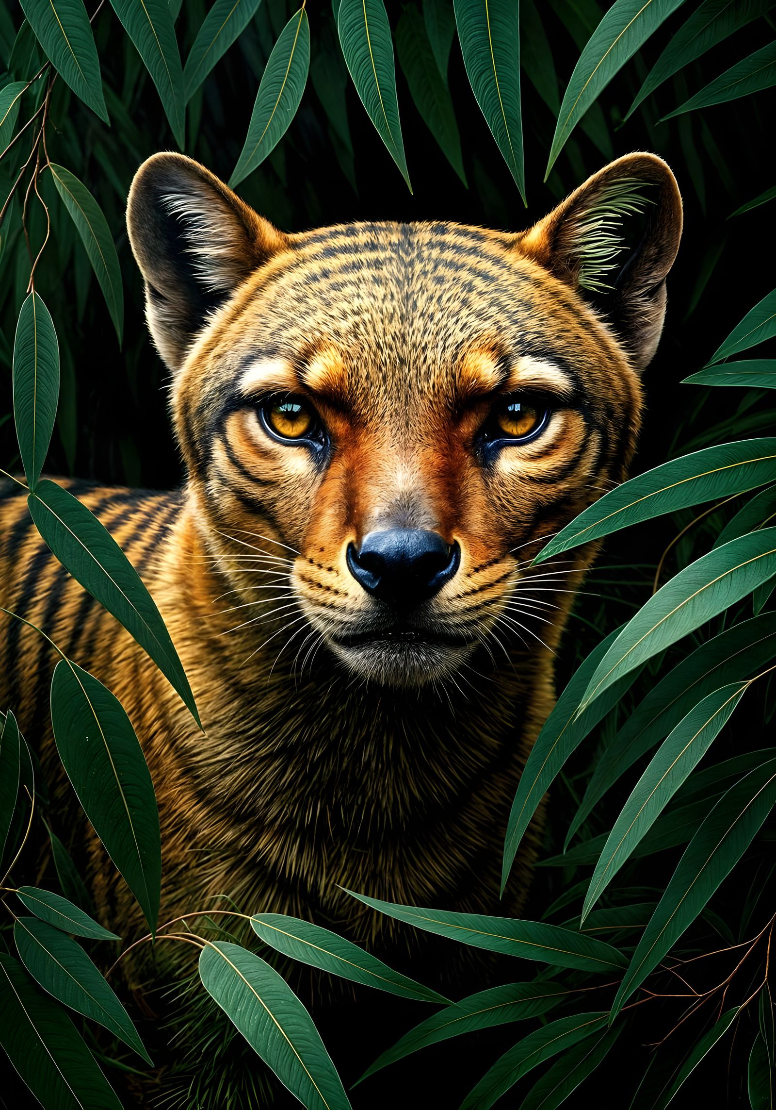 Extinct Tasmanian Tiger inside layered foliage in photorealism. stunning meticulous intricate detailed ...  by @Showy