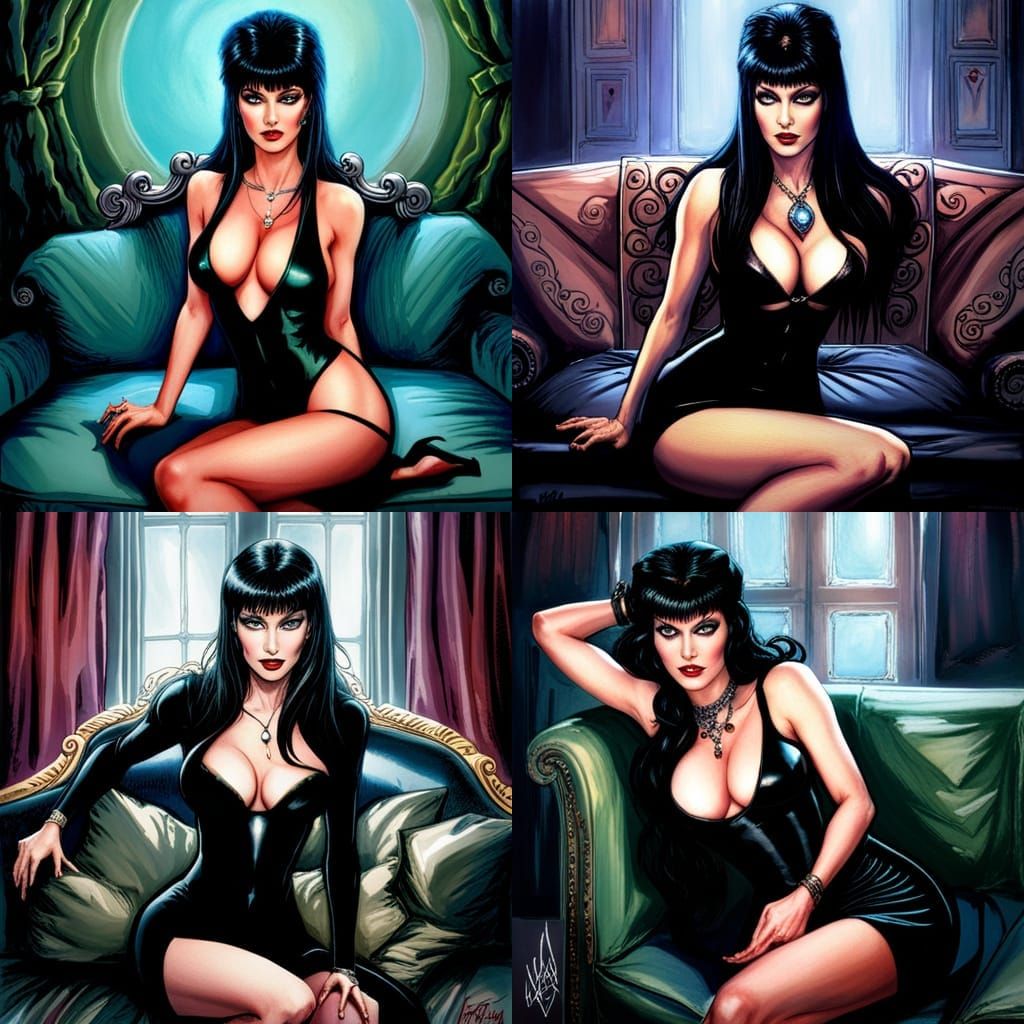 "elvira mistress of the dark, close up wearing revealing bla...