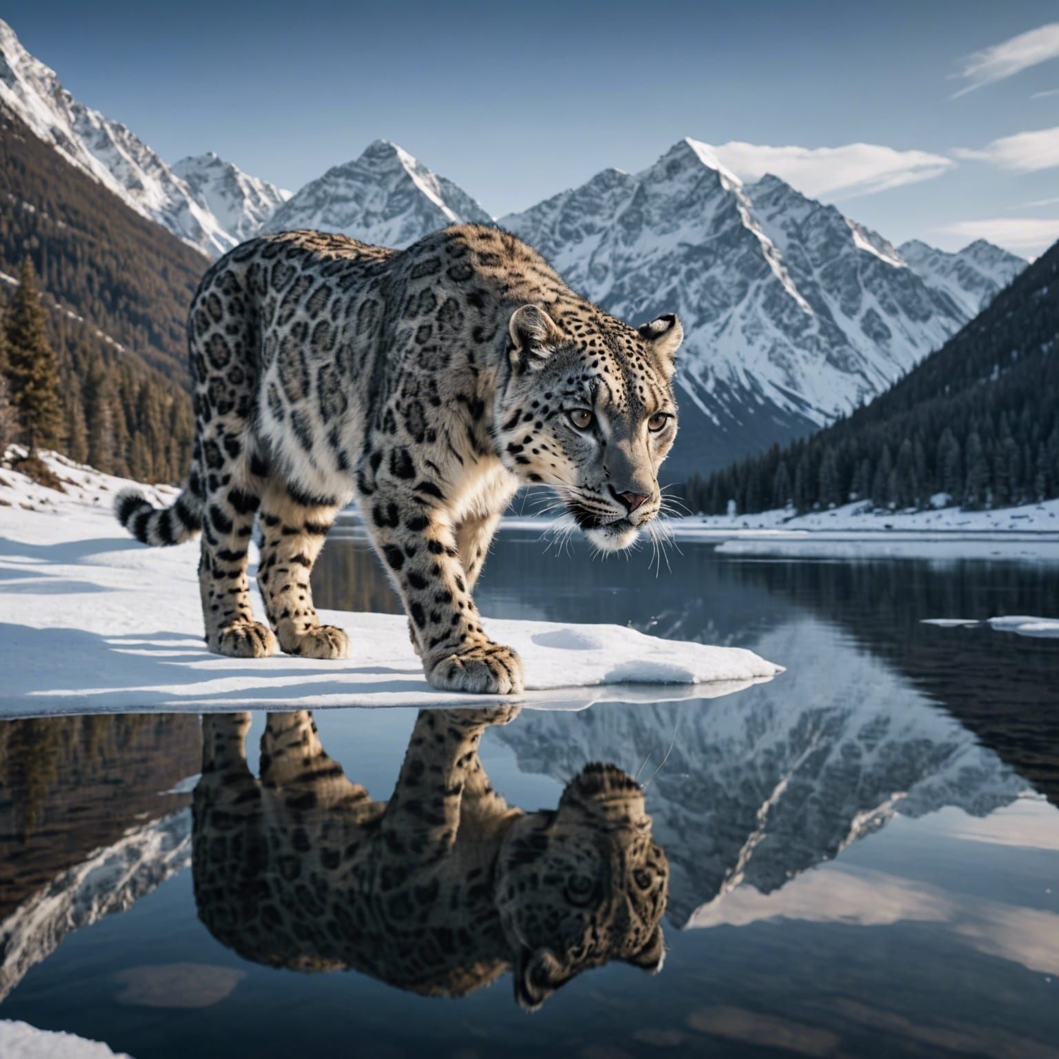 Reflection of a snow peaked mountain and a snow leopard on a frozen lake.
