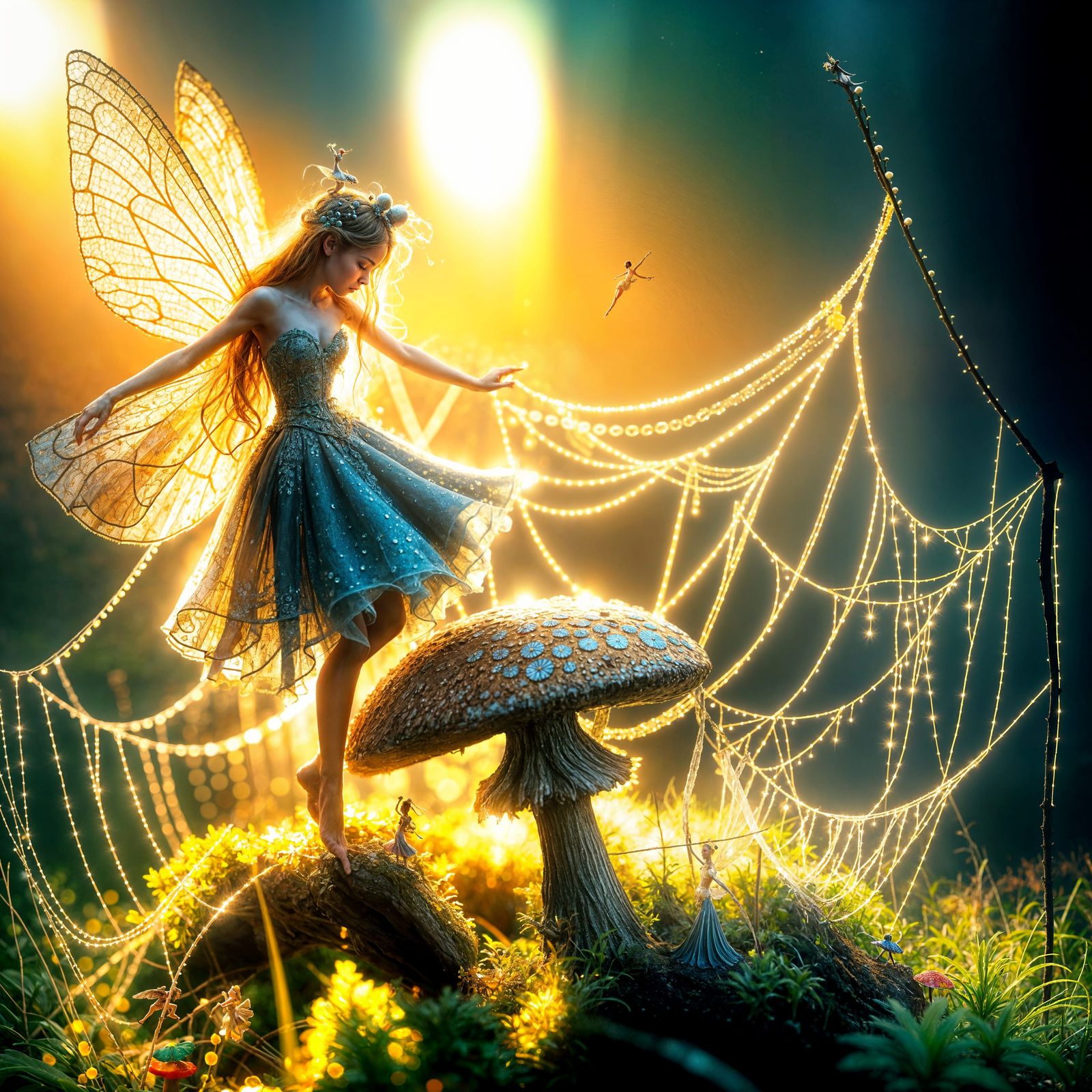 A fairy dancing on a toadstool. Her dress is made our of mor...