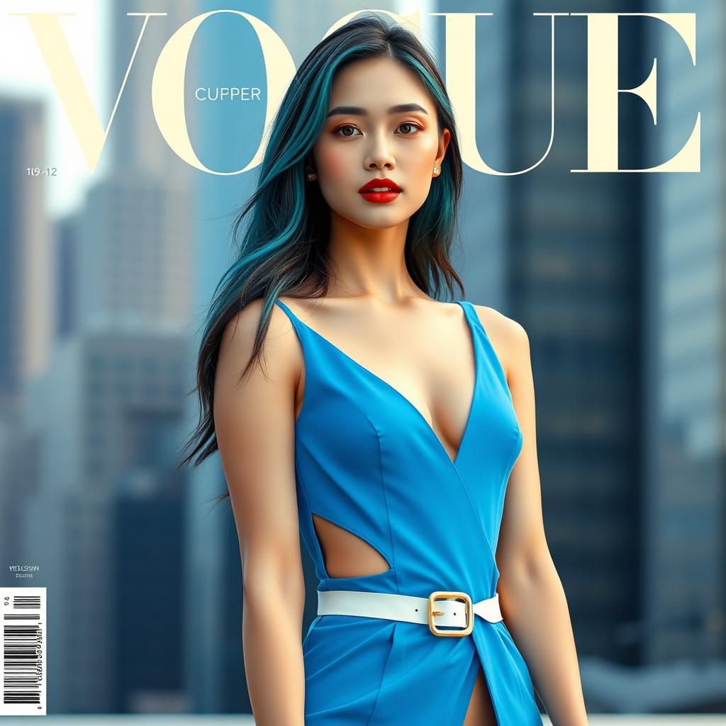 Create a high quality 16K photo of a Vogue magazine cover ti...