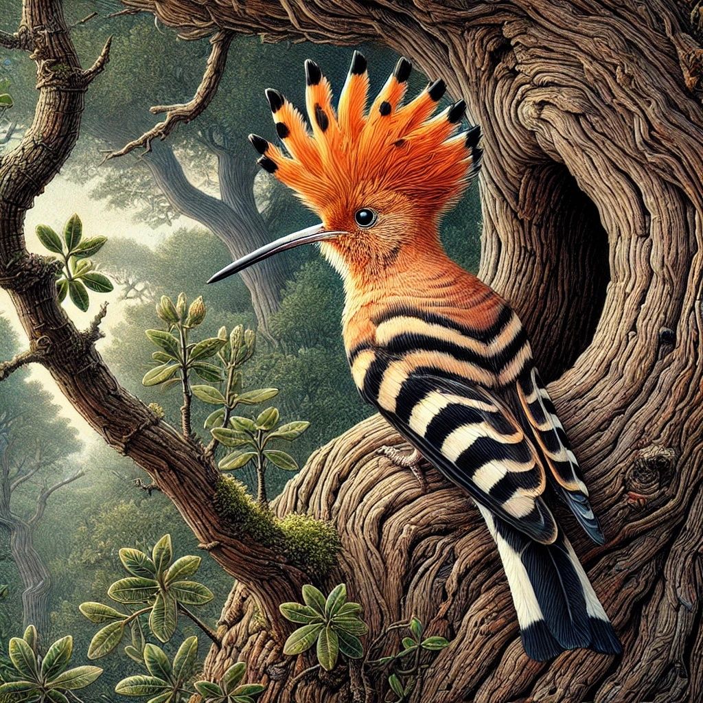 Vibrant Orange Hoopoe On A Gnarled Tree Branch | DALL-E 3 AI...