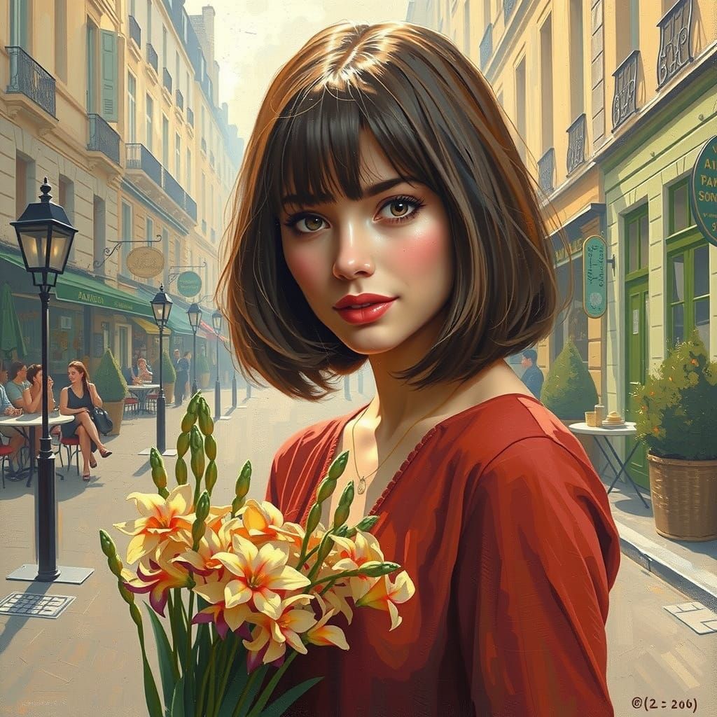 Elegant Parisian Woman in Burgundy Dress with Purple Freesia