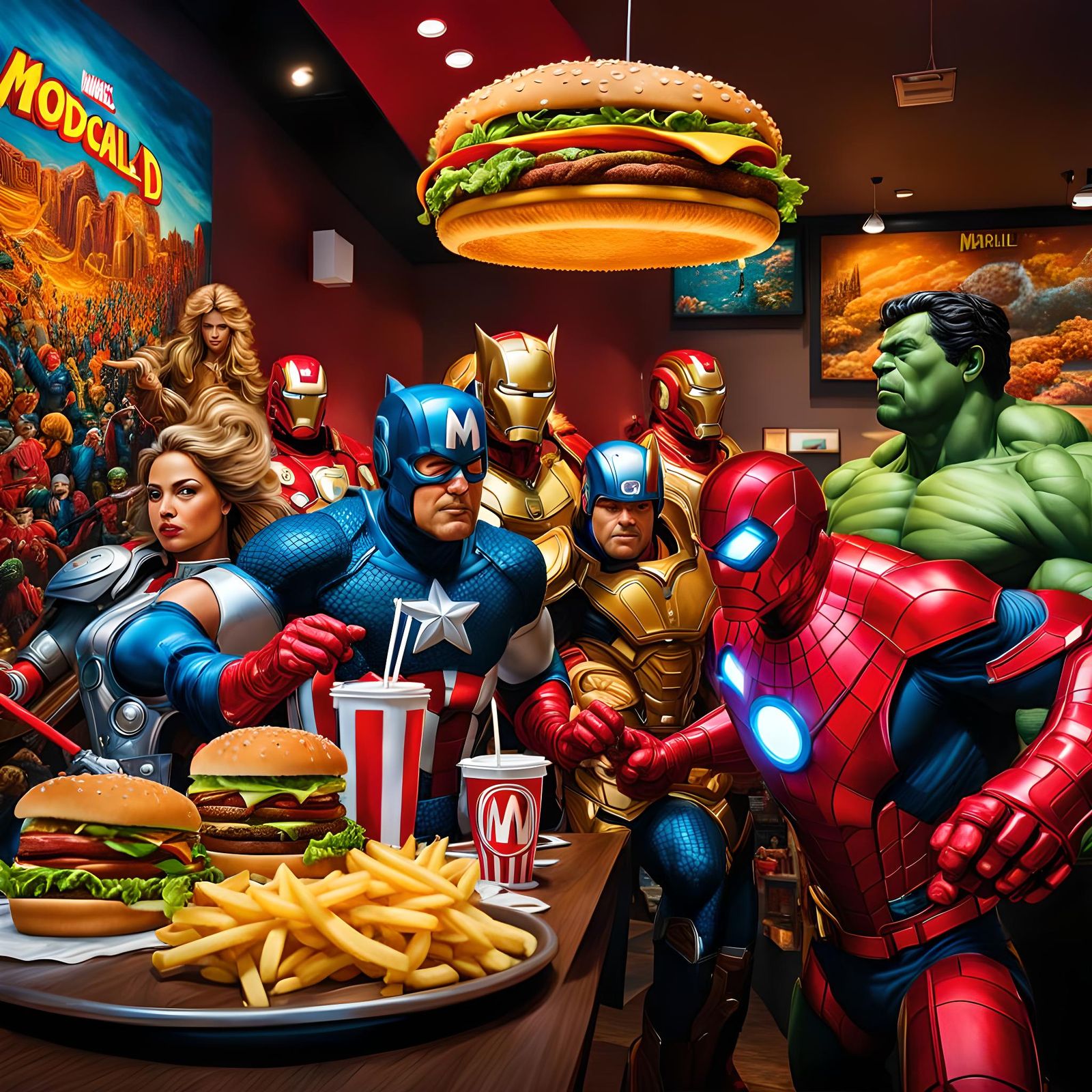 Life size Marvel action figures eating Big Mac's at McDonald's AI