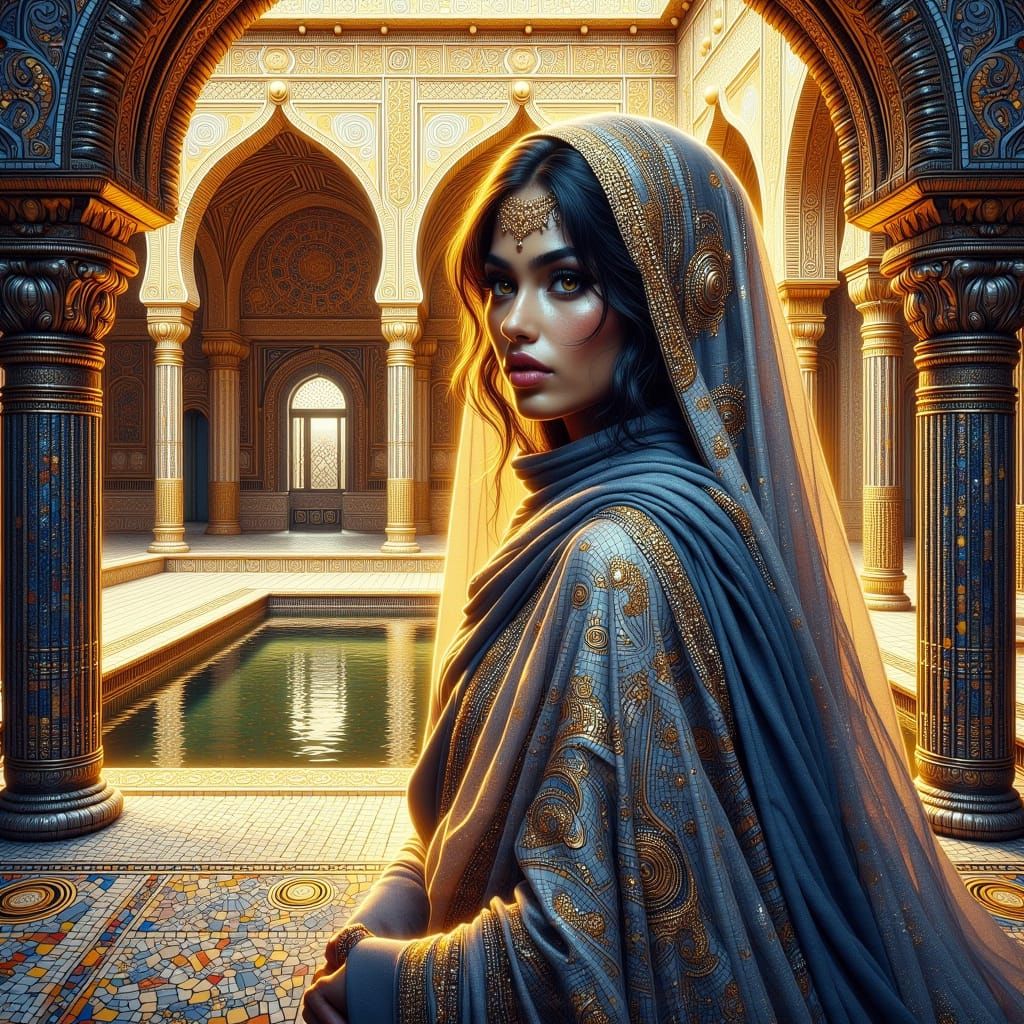 <lora:MOSAIC IN BEAUTY:1.0> A regal Persian goddess draped in a flowing silk-chiffon hijab that shimmers like liquid moonlight, every fold c...