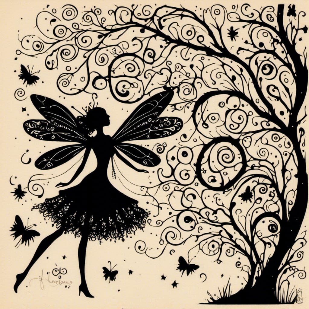 <lora:Whimsical silhouette:1.0> Black silhouette whimsical fantasy art Burton dragonfly 