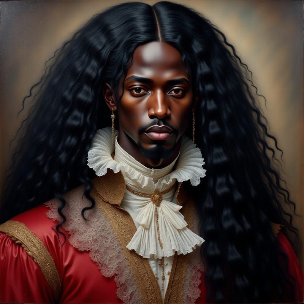 <lora:Rufflelace Intensity:1.0> Oldschool glossy oil painting portrait of a handsome black young man with long hair, Renaissance Victorian,...