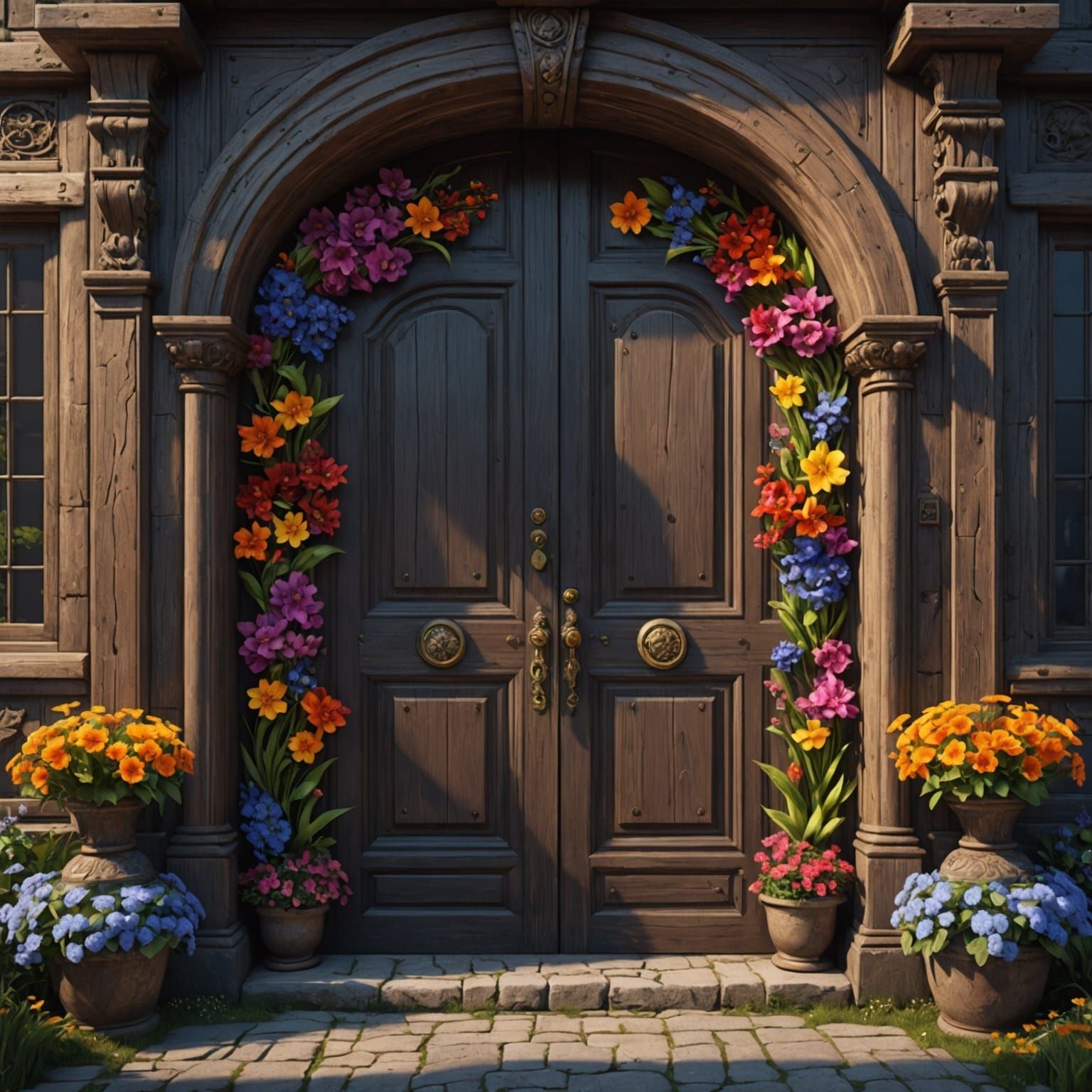 Big wooden Door with color flowers around it