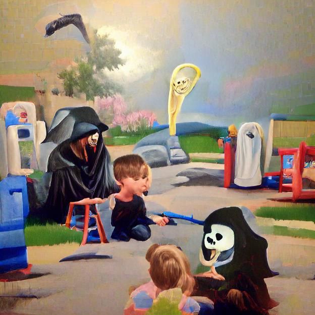 The grim reaper being mean to children. Oil on canvas
