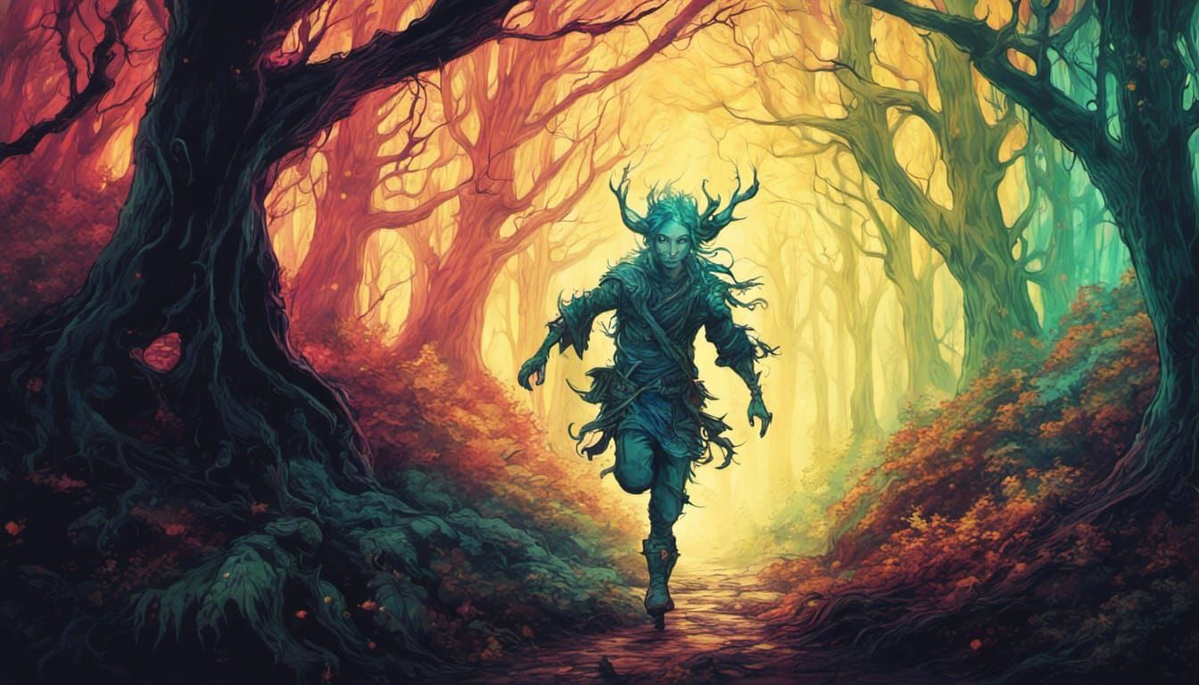 psychedelic forest elf running through an old dark fantasy f...