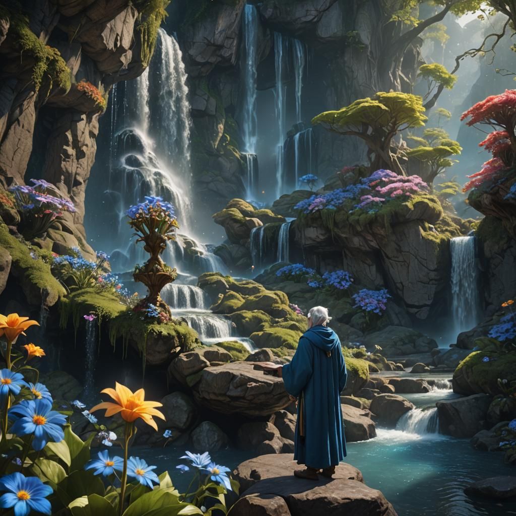 Inside of a beautiful waterfall a old elf wearing blue robes watches over a magical flower that sparkling 