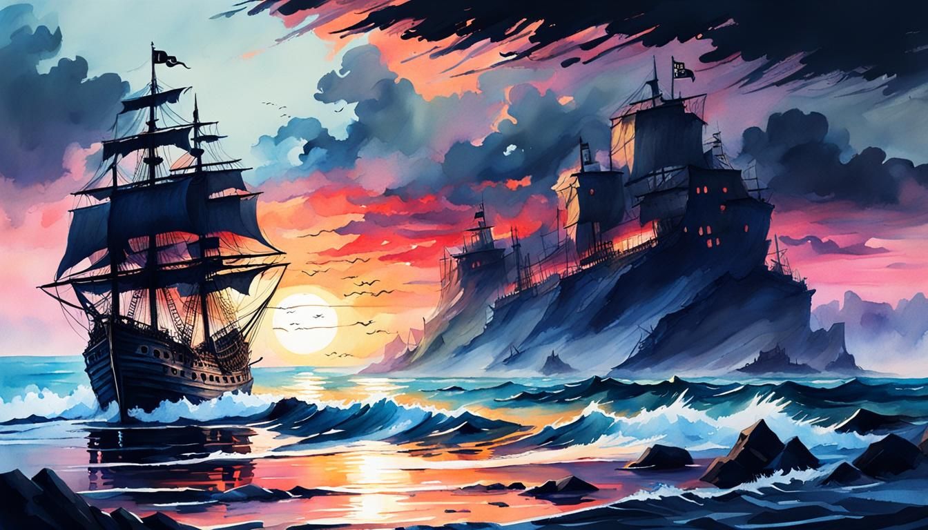 Ghostly Pirate Ship Sunset Watercolor Painting
