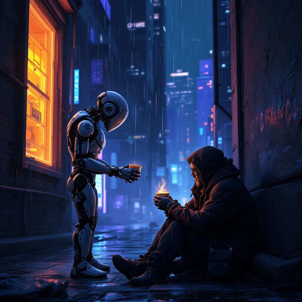 In a futuristic cityscape, a compassionate android gently offers a warm cup of synthesized nutrient paste to a shivering, homeless human hud...