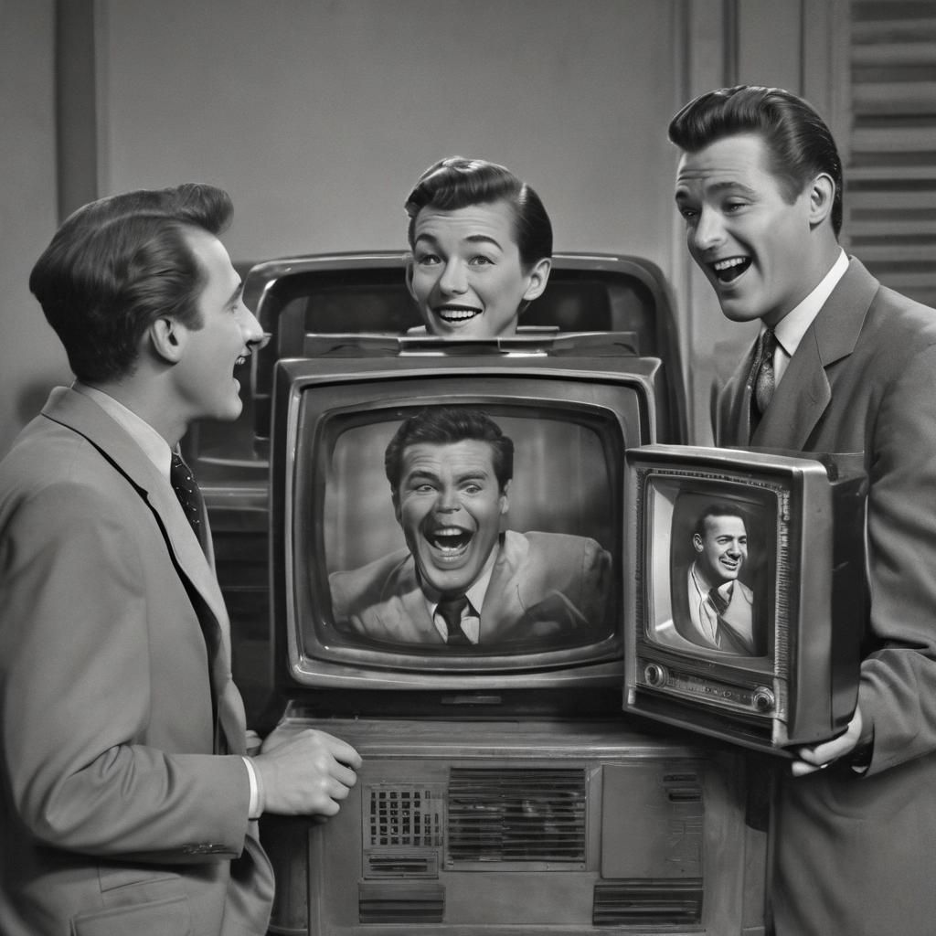 Vintage scene of two men and a one woman looking and laughin...