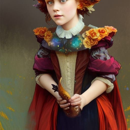 A six year old daughter wearing an autumn victorian gown