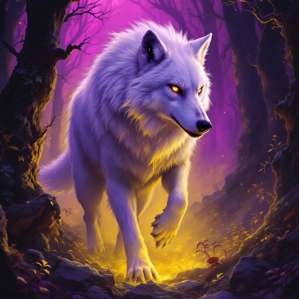Majestic White Wolf in Ominous Purple Forest