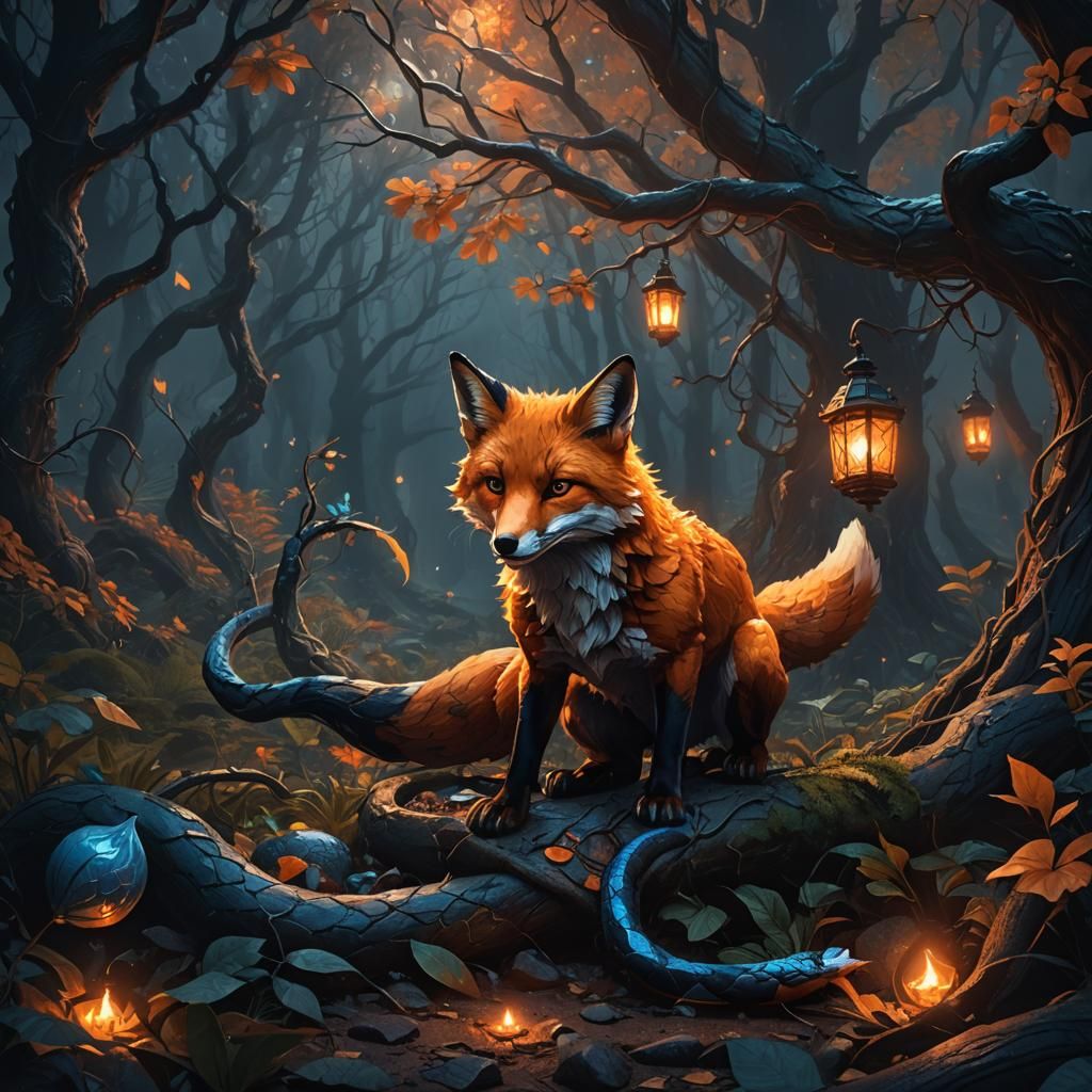 Fox and Snake Feast in Dark Mystical Forest