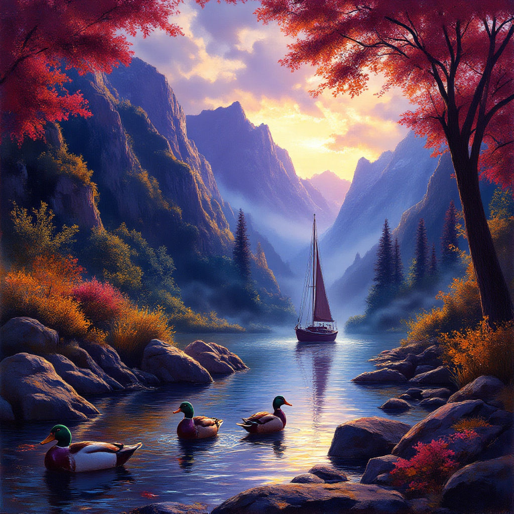 A groug of Mallard ducks playing in the rock lined river #4-...