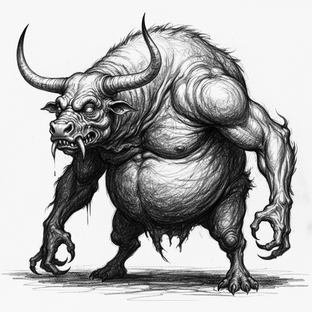 Bone eating nightmare, twisted, detailed shadows, complexe creature, fascinating monster, grit, charcoal, creative, bulky, ox