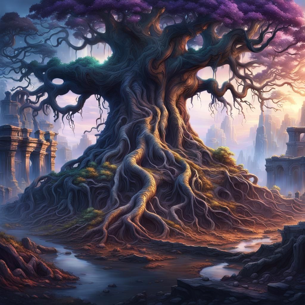 Majestic Tree Roots Engulf Ruined Cityscape
