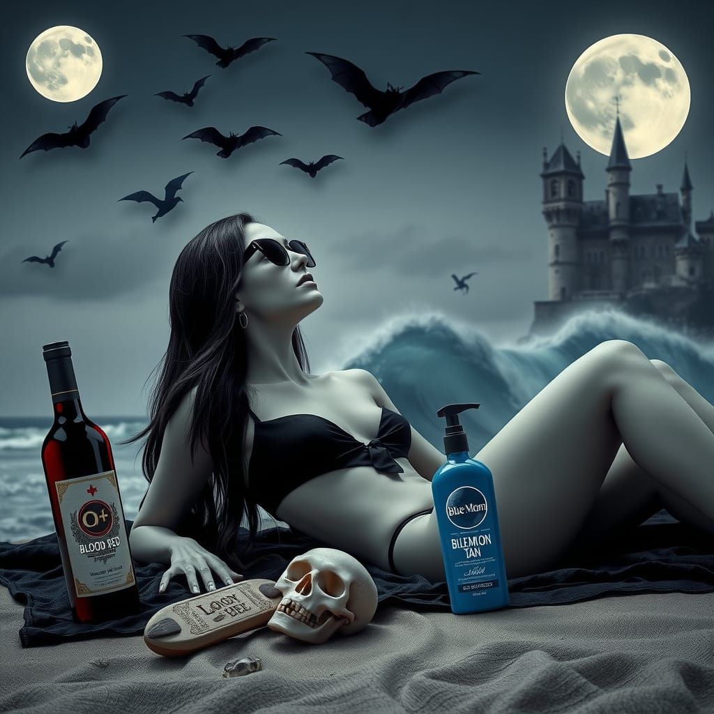 Pretty vampire woman with white skin  with long hair in a one piece swimsuit on the beach at night under a full moon. She has very slight fa...