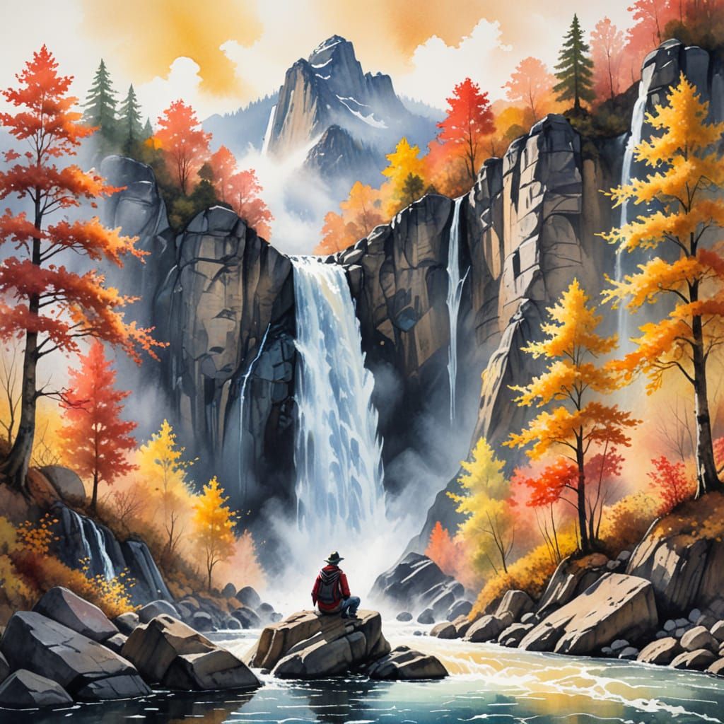Watercolor painting. Black ink outlined. 3d effect. A lone traveler sits on a rock, sketching a powerful mountain waterfall surrounded by au...