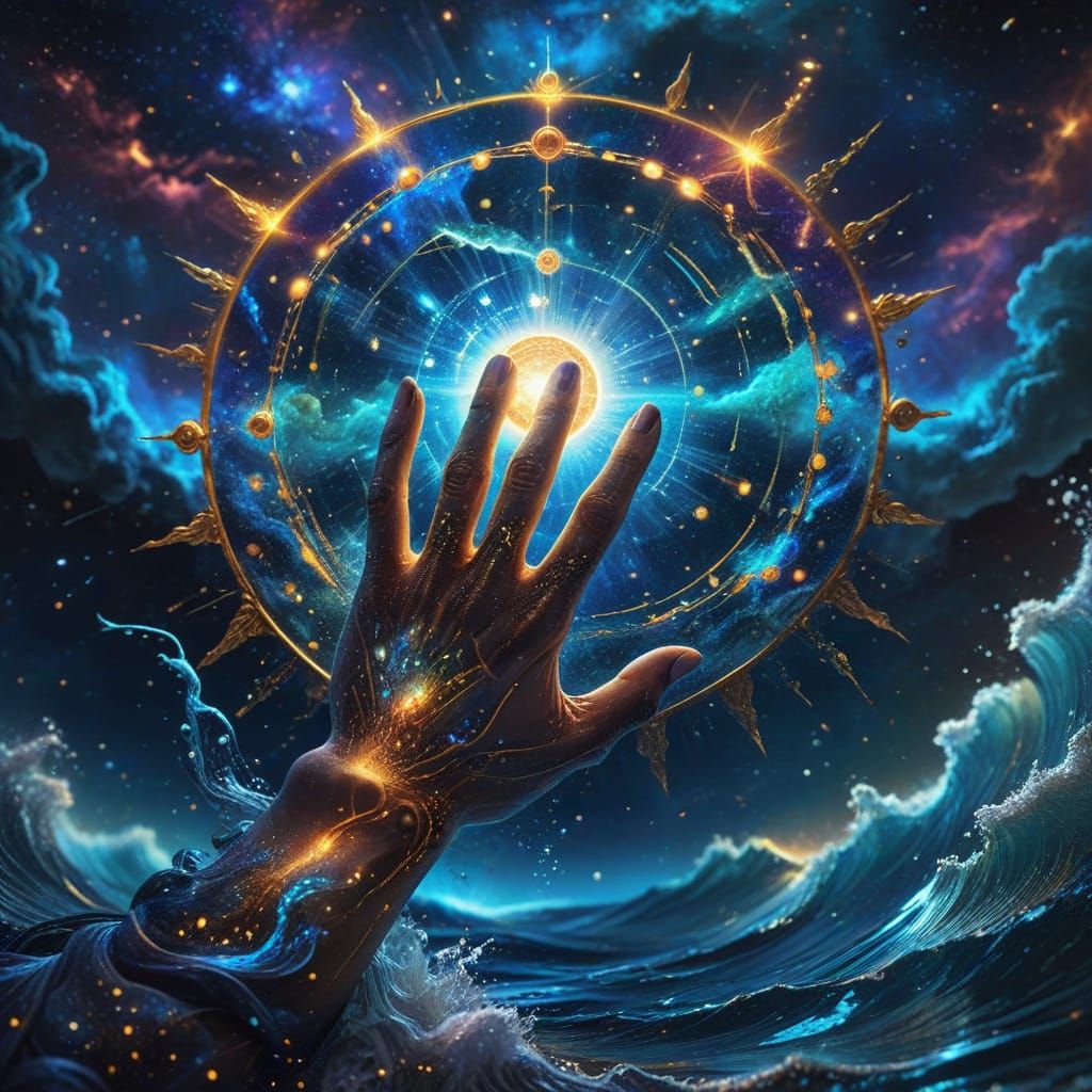 A divine stone hand rising from the ocean, grasping the sun in its palm. The reflection burns across the waves, and tiny ships circle below ...