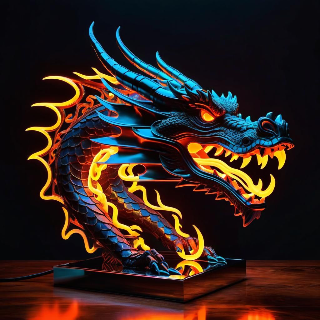 abstract glowing neon sculpture, DRAGON with fire from it's mouth ...