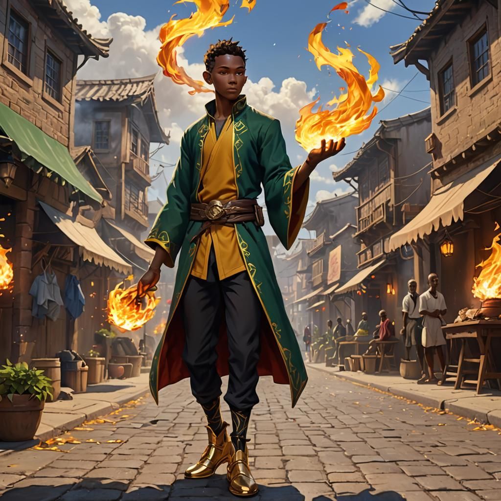 African Sorcerer Conjures Fire in Fantasy Marketplace