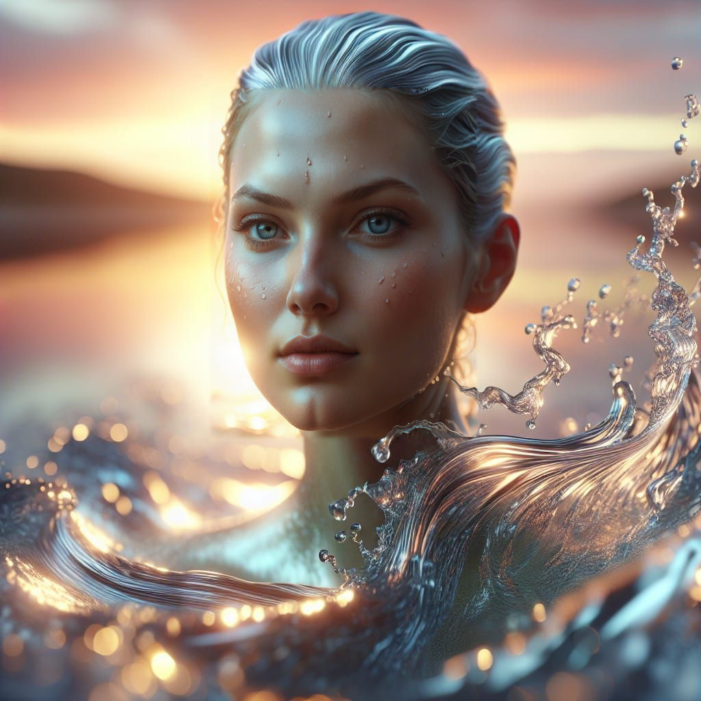 Elegant Water Woman Surfaces at Sunset