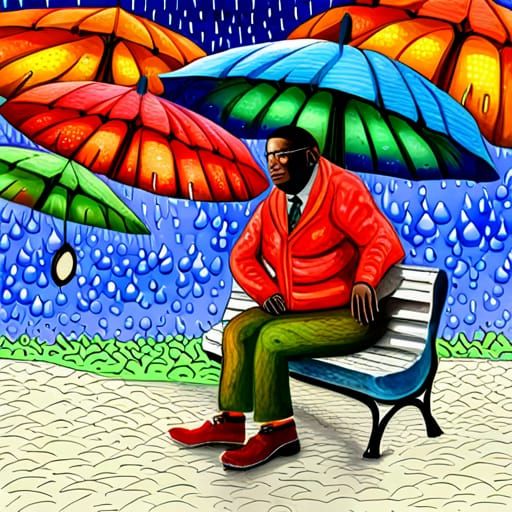 sad black-american man, raining, sitting on park bench, in w...