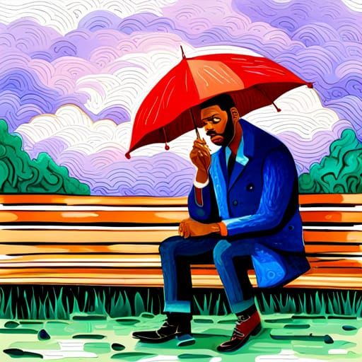 sad black-american man, raining, sitting on park bench, in w...