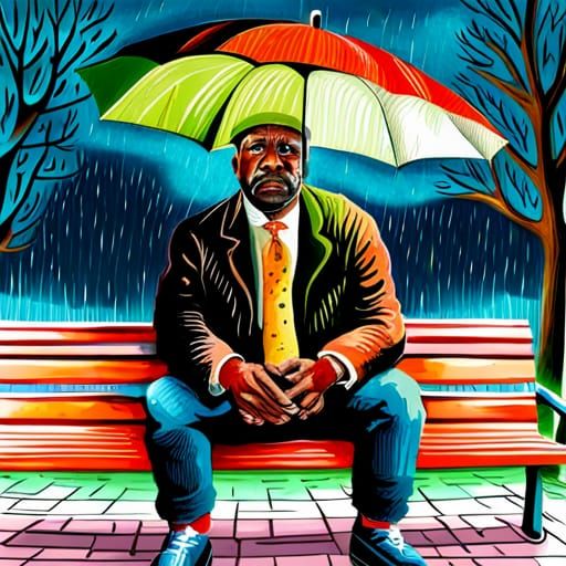 sad black-american man, raining, sitting on park bench, in w...