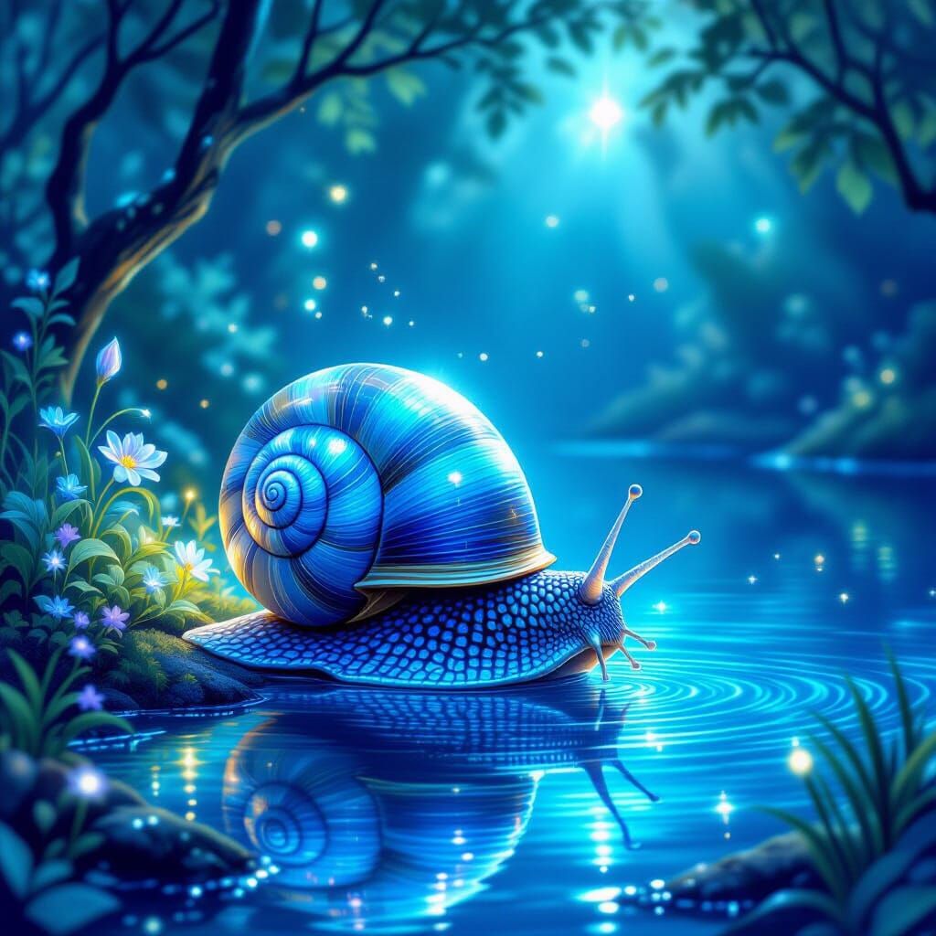 Sapphire Snail Drinks Water Lakeside in Fantasy Art Style